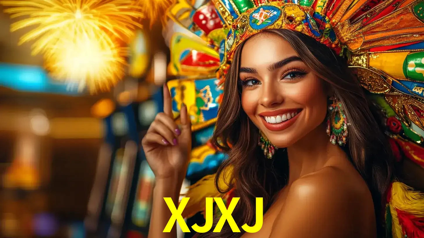 Mulher sorridente com um cocar de carnaval vibrante e colorido, celebrando uma grande vitória nos jogos do cassino XJXJ com fogos de artifício ao fundo.