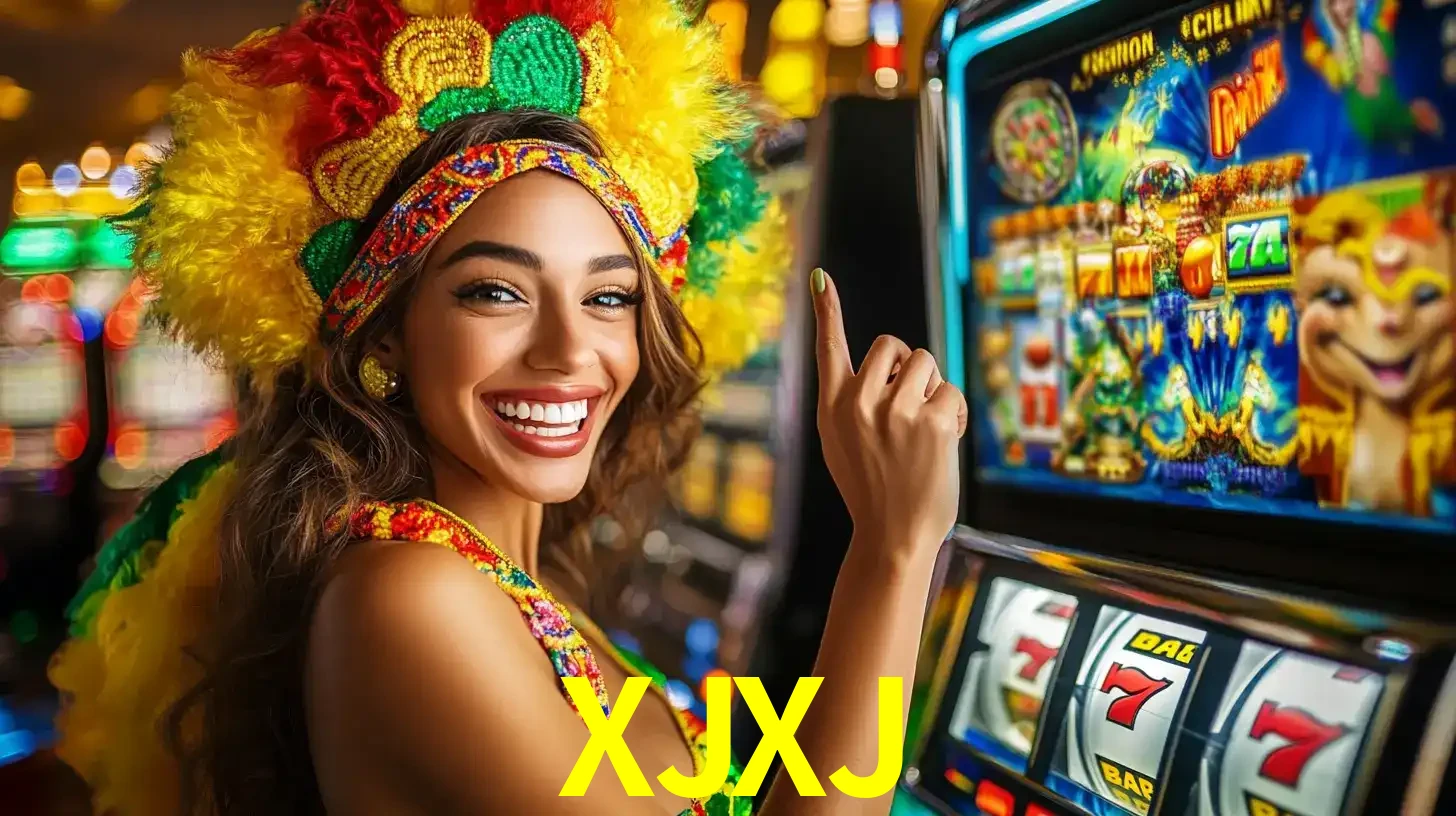Mulher animada com um cocar de carnaval apontando para uma máquina de caça-níqueis, mostrando a emoção de ganhar um grande prêmio nos jogos do XJXJ.