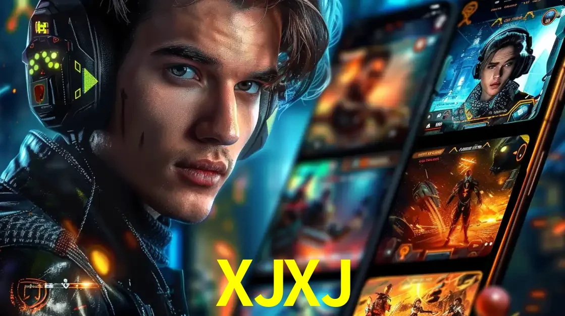 Jovem jogador com fones de ouvido olhando para a câmera, com um aplicativo de jogos e e-sports para celular ao fundo, pronto para a competição e apostas no XJXJ.