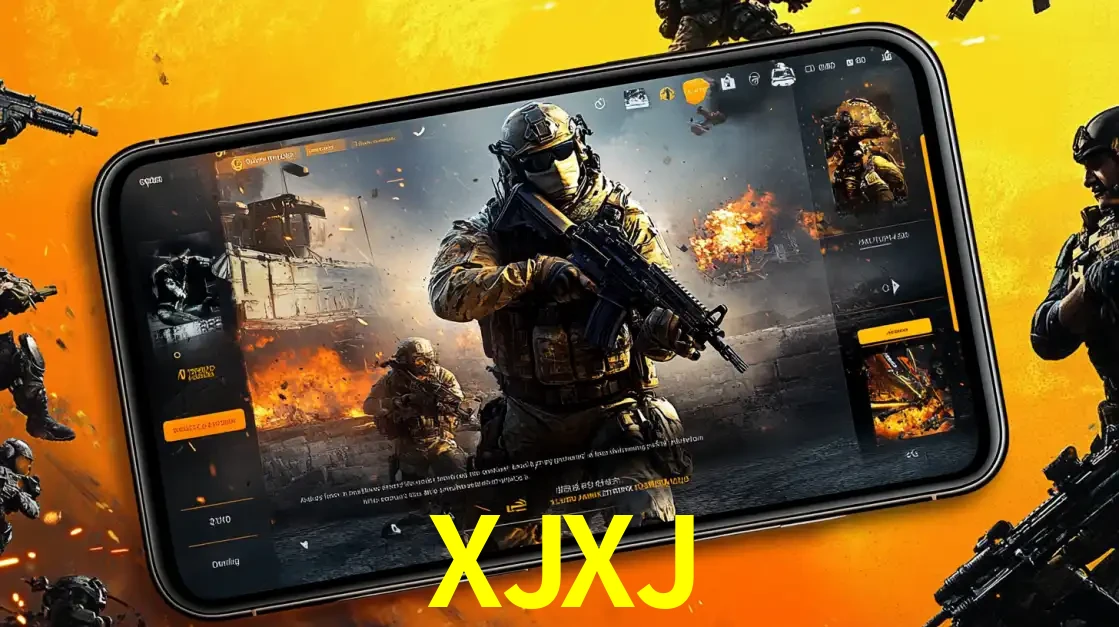 Um smartphone exibindo a interface de um jogo de tiro em primeira pessoa, com um soldado em um cenário de batalha, representando a ação dos e-sports para apostar no XJXJ.