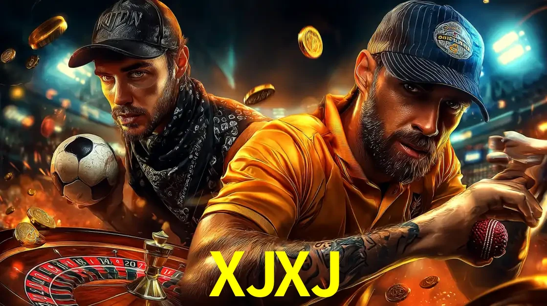 Montagem de apostas esportivas e cassino no XJXJ, com um homem segurando uma bola de futebol e outro uma de beisebol sobre uma roleta e moedas voadoras.