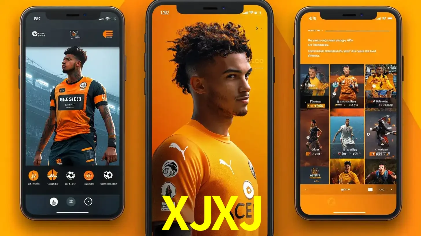 Interface do aplicativo de apostas esportivas XJXJ em três telas de celular, mostrando o perfil de um jogador de futebol e a lista de jogos disponíveis para apostar.