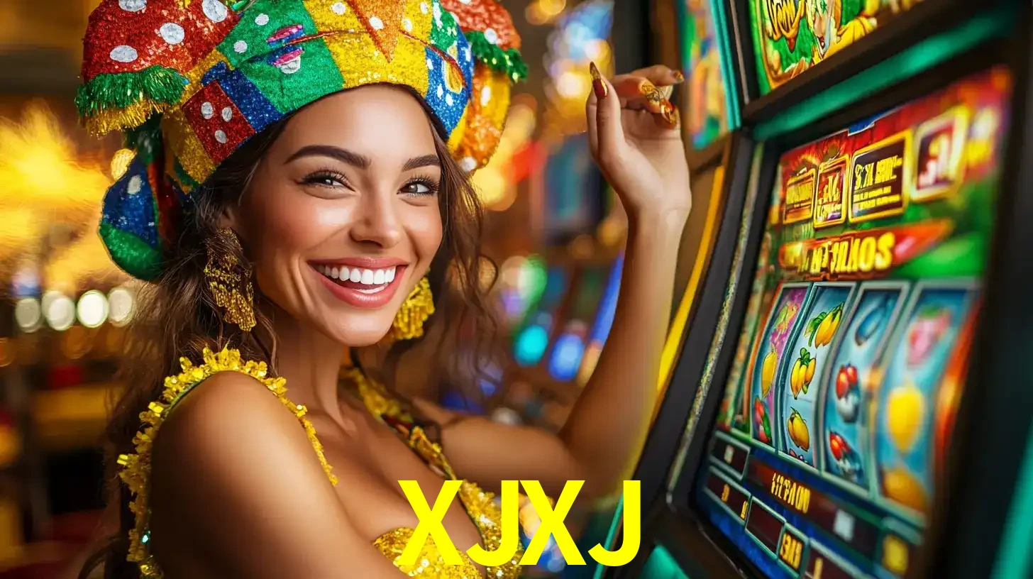 Mulher feliz com traje de carnaval amarelo e colorido ao lado de uma máquina de caça-níqueis, aproveitando a diversão e os jogos temáticos do cassino XJXJ.